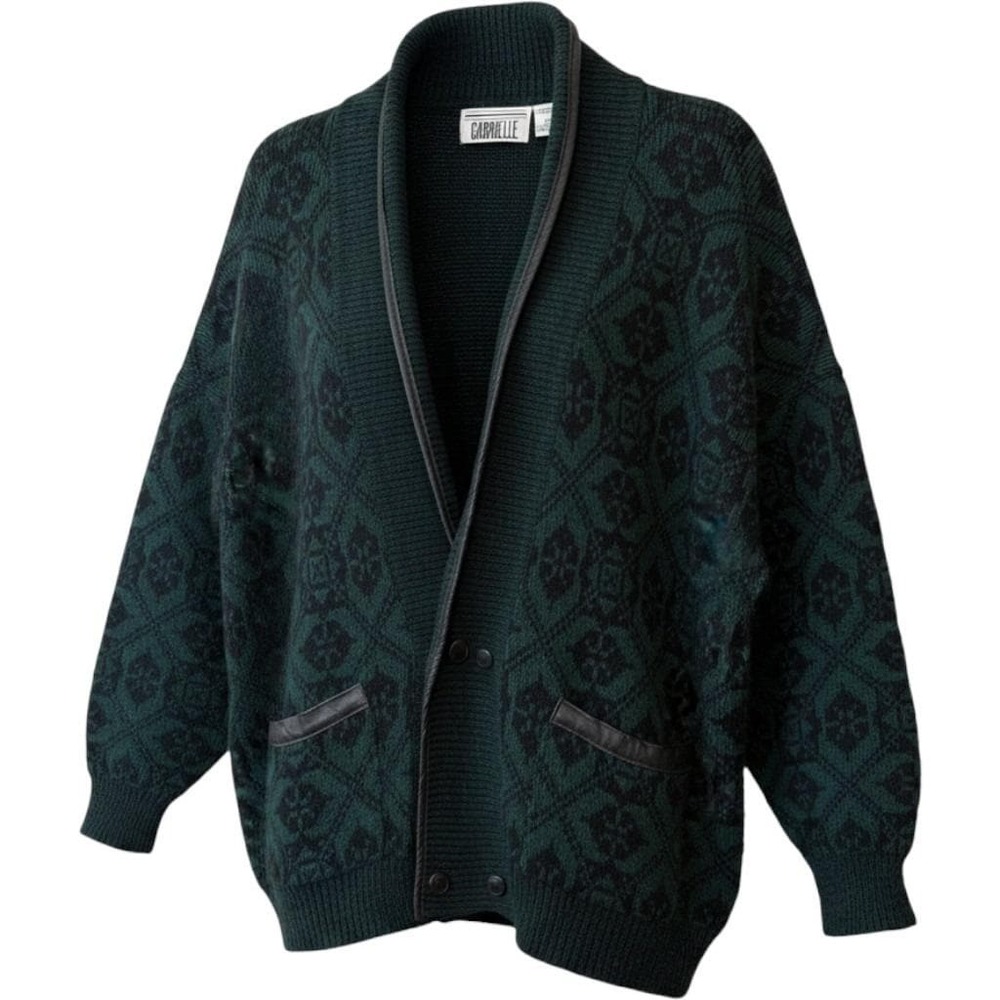 Mens VTG Cardigan L Green Black Leather Trim Double Breasted Geometric Nodic